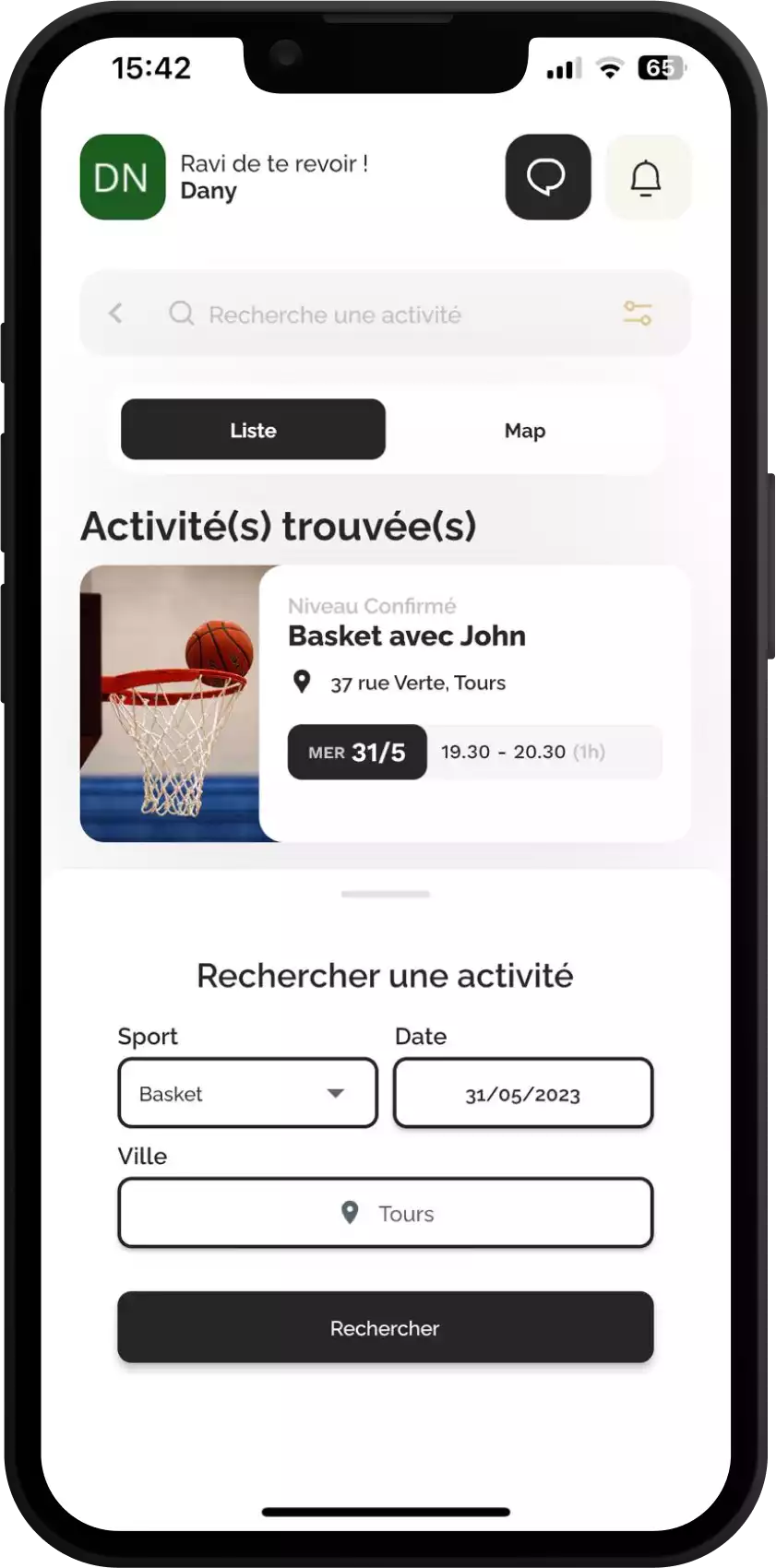 Mockup de la page de recherche d'activités